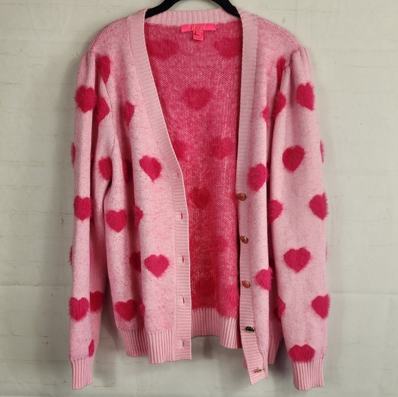 Lilly Pulitzer Cozy Fuzzy Preppy Heart Print Keane Cardigan Sweater Pink Large - Picture 10 of 16
